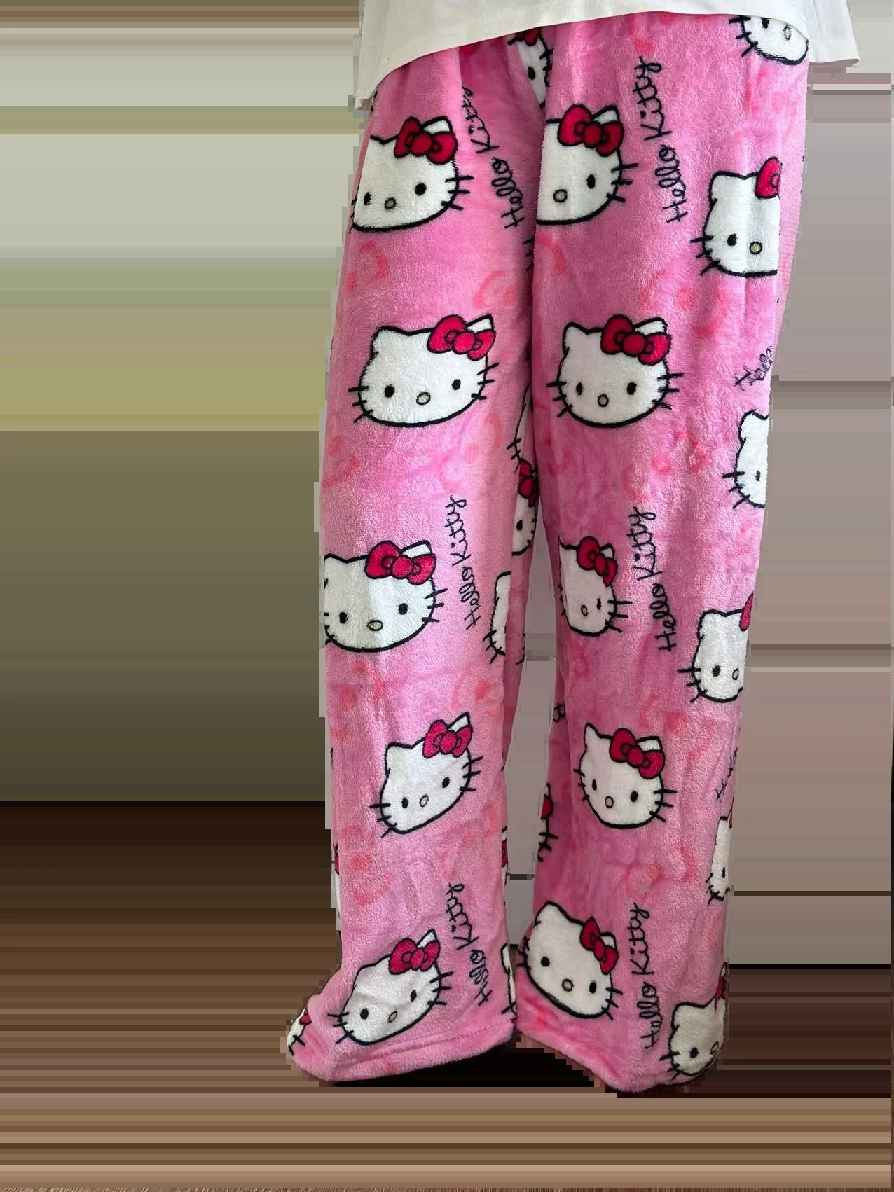 Hello Kitty Flannel Sleeping Pants Women'S Autumn and Winter Velvet Warm Casual Home Graffiti Pants Can Be Worn Outside