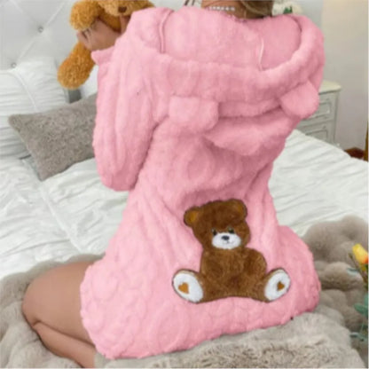 Autumn Winter Plush Hoody Women'S Jumpsuit Shorts 2026 New Fashion Embroidered Animal Bear Female Casual Home Wear Plush Rompers